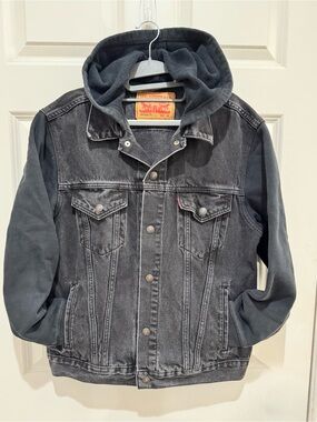 Levi's Strauss Men's Black Hooded Trucker Denim Jean Jacket Vintage Fit - Size M